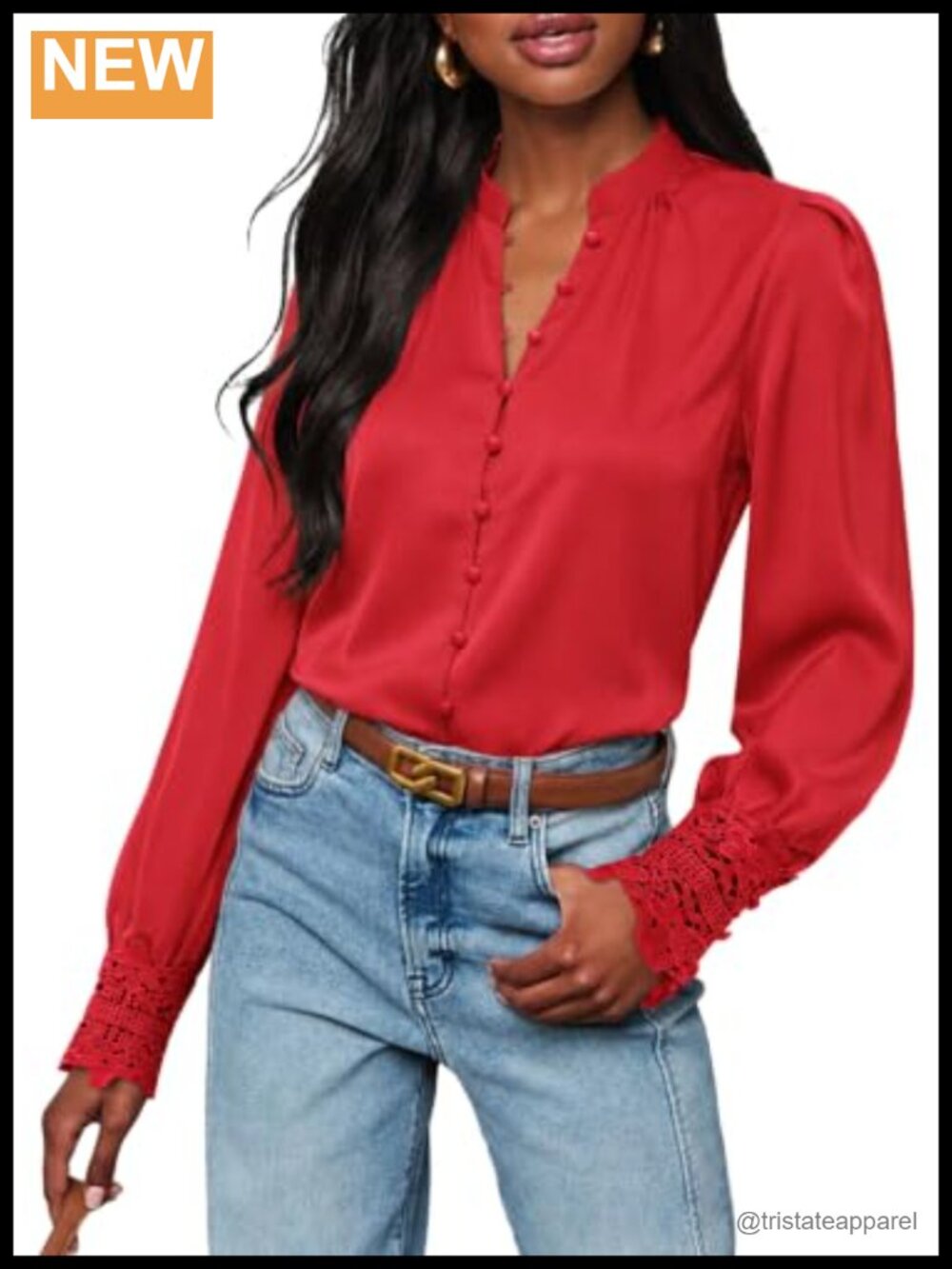 Women's Lace Cuff Satin Silk Blouse, Business Casual Button Down Top